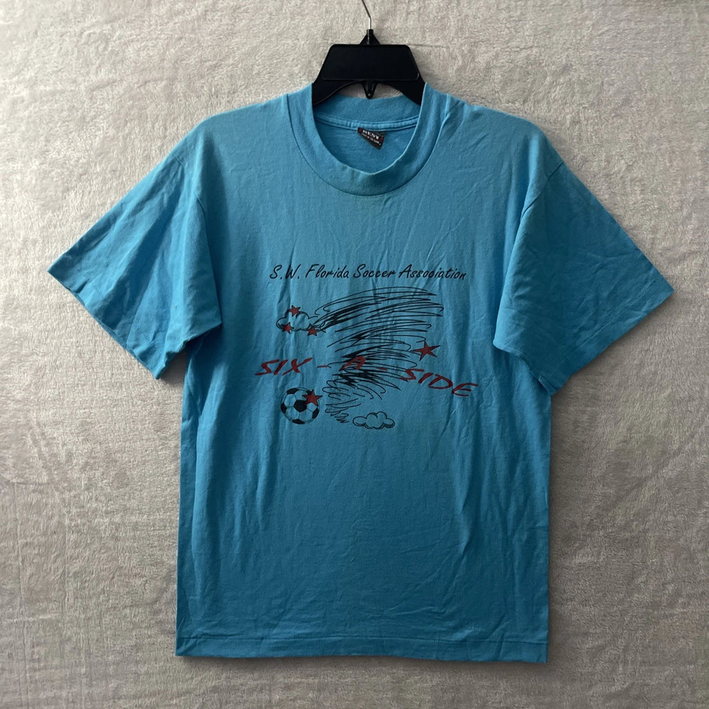 Fruit of The Loom Men T Shirt Soccer Graphic Blue M Cotton Vintage 90s Crew Neck