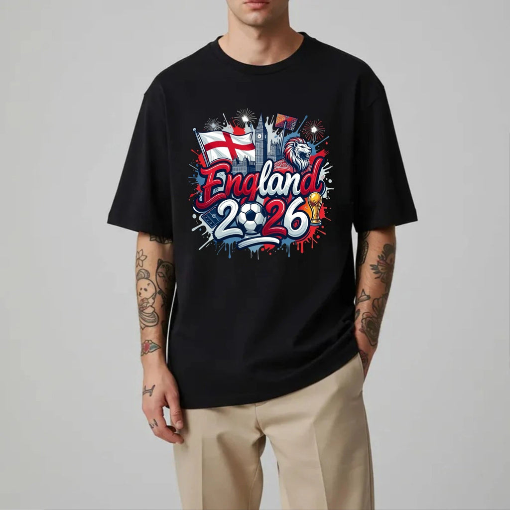 England 2026 Football T-Shirt - Football Lions Trophy Flage Fireworks Tee Top