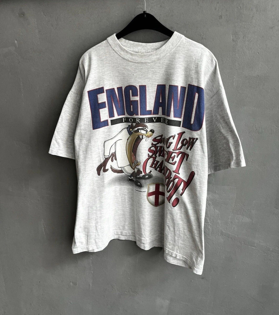 Vintage 1995 Taz England Fan Soocer Football Warner Bros Cartoon Gray T-shirt Si