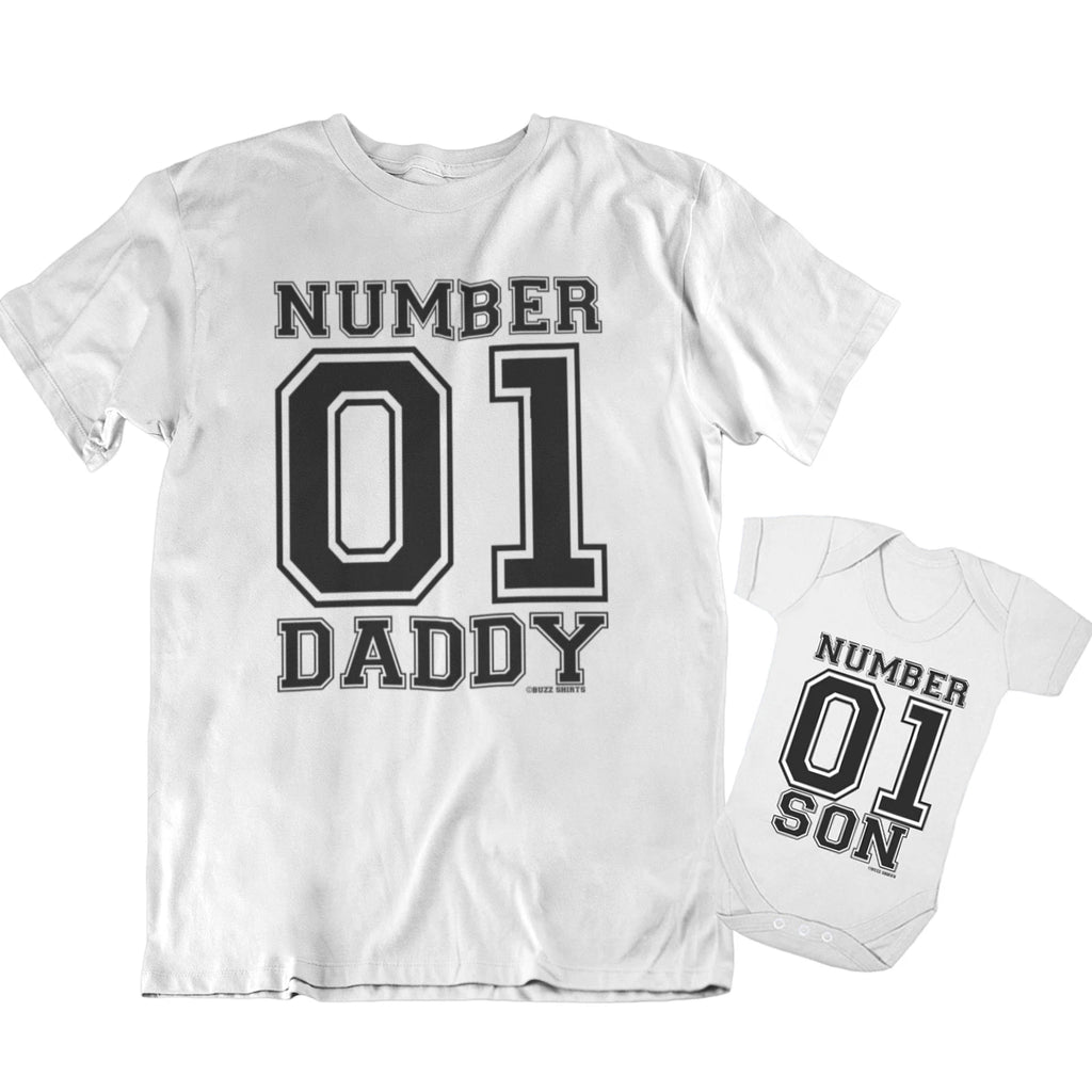 Number 01 Daddy and Son Dukes Style Mens  Cotton T-Shirt Dad Baby Boy Eco
