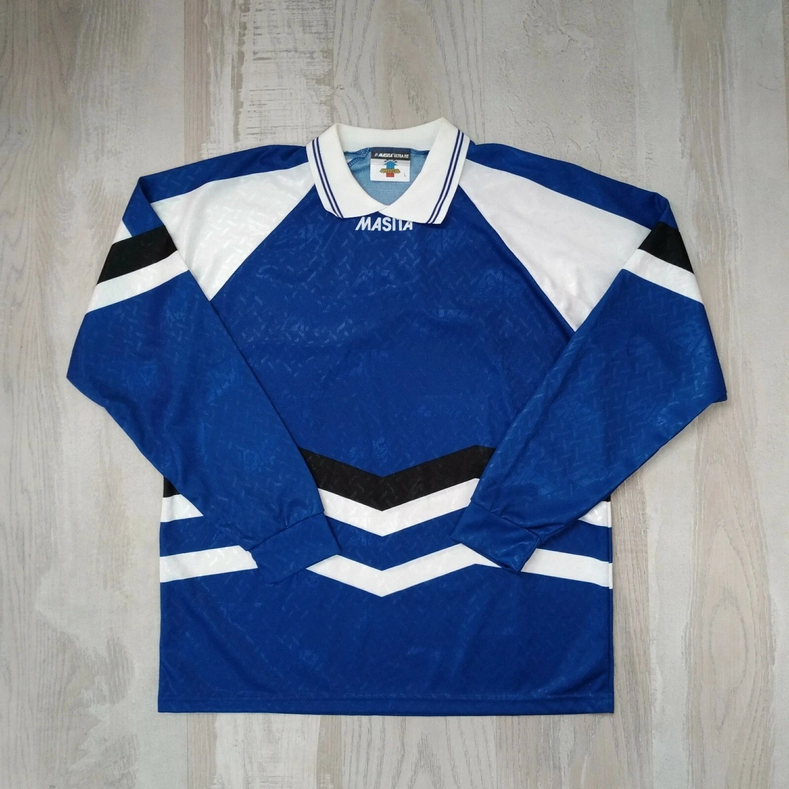 VINTAGE RETRO JERSEY MASITA LONG SLEEVE BLUE FOOTBALL SOCCER SIZE L ORIGINAL