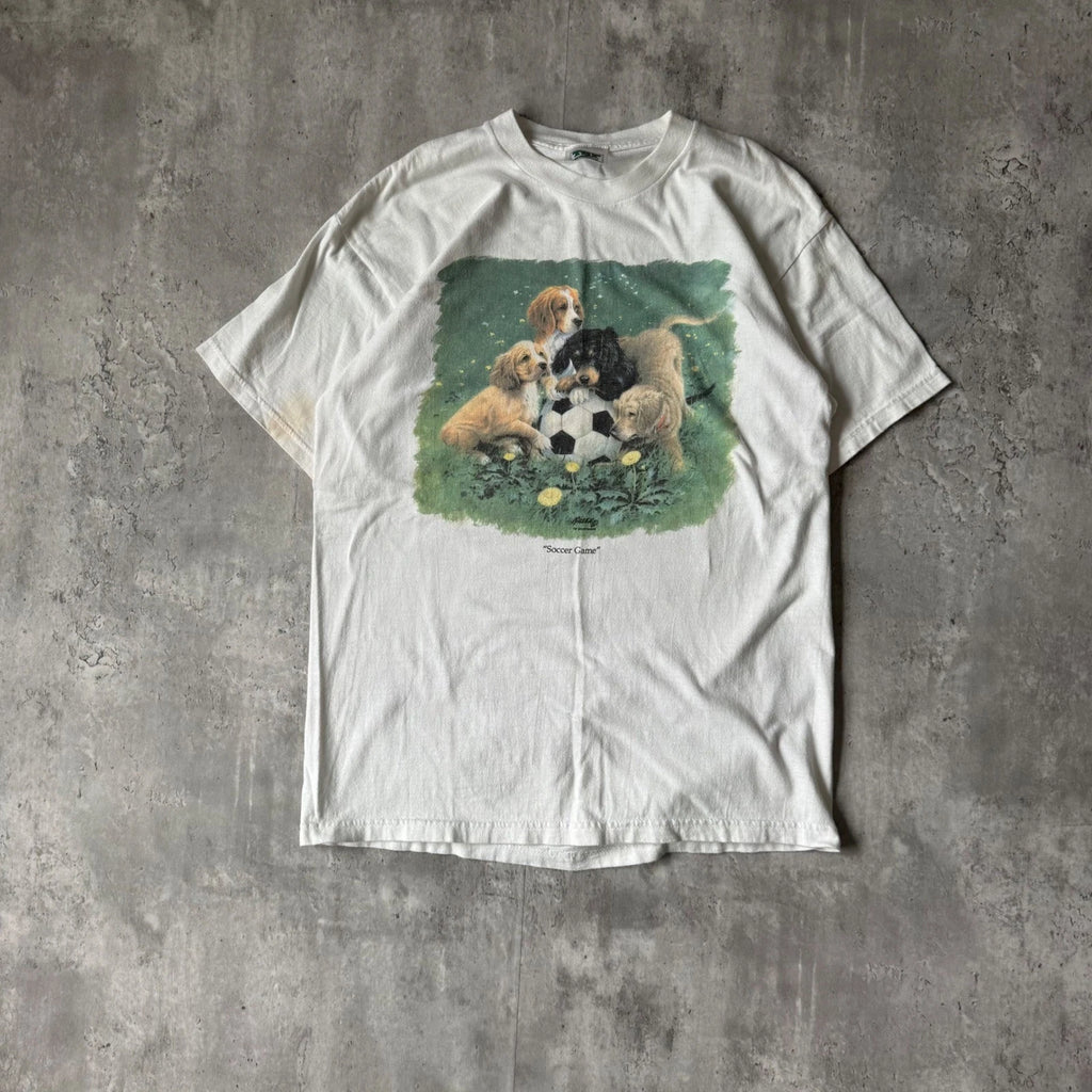 TSF Sportswear Soccer Game Puppy Graphic T-Shirt White Vintage Style Mens S