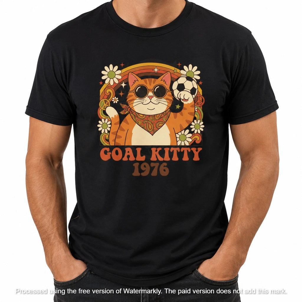 Groovy Cat Soccer 'Goal Kitty 1976' T-Shirt | Retro Floral