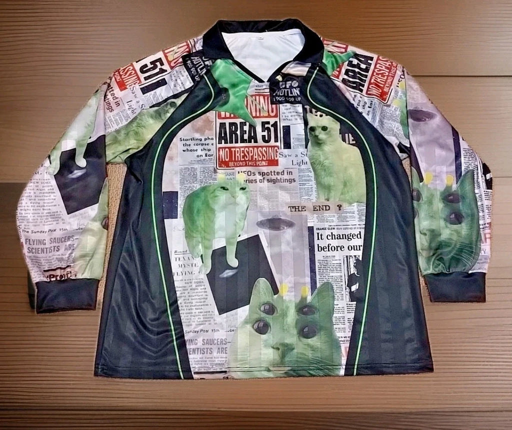 AREA 51 Soccer Jersey Alien Kitten Cats UFO Newspaper Long Sleeve Shirt Medium.