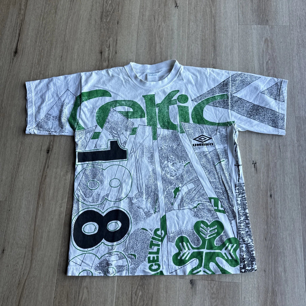 Vintage 90s Celtics Umbro All Over Print T Shirt - Size L Mens Football Grail