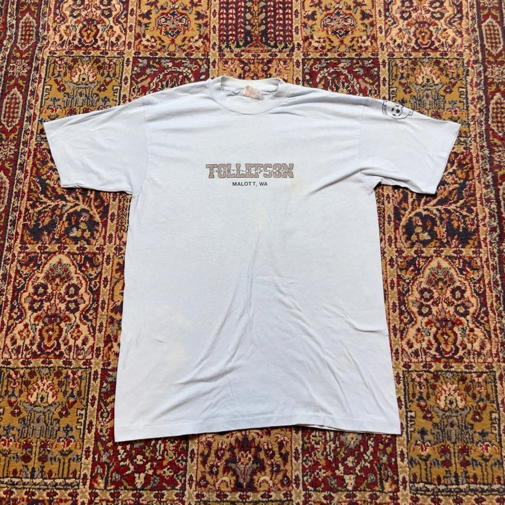 VTG 80s Tollefson Construction Malott WA Soccer Club T Shirt Size Large USA blue