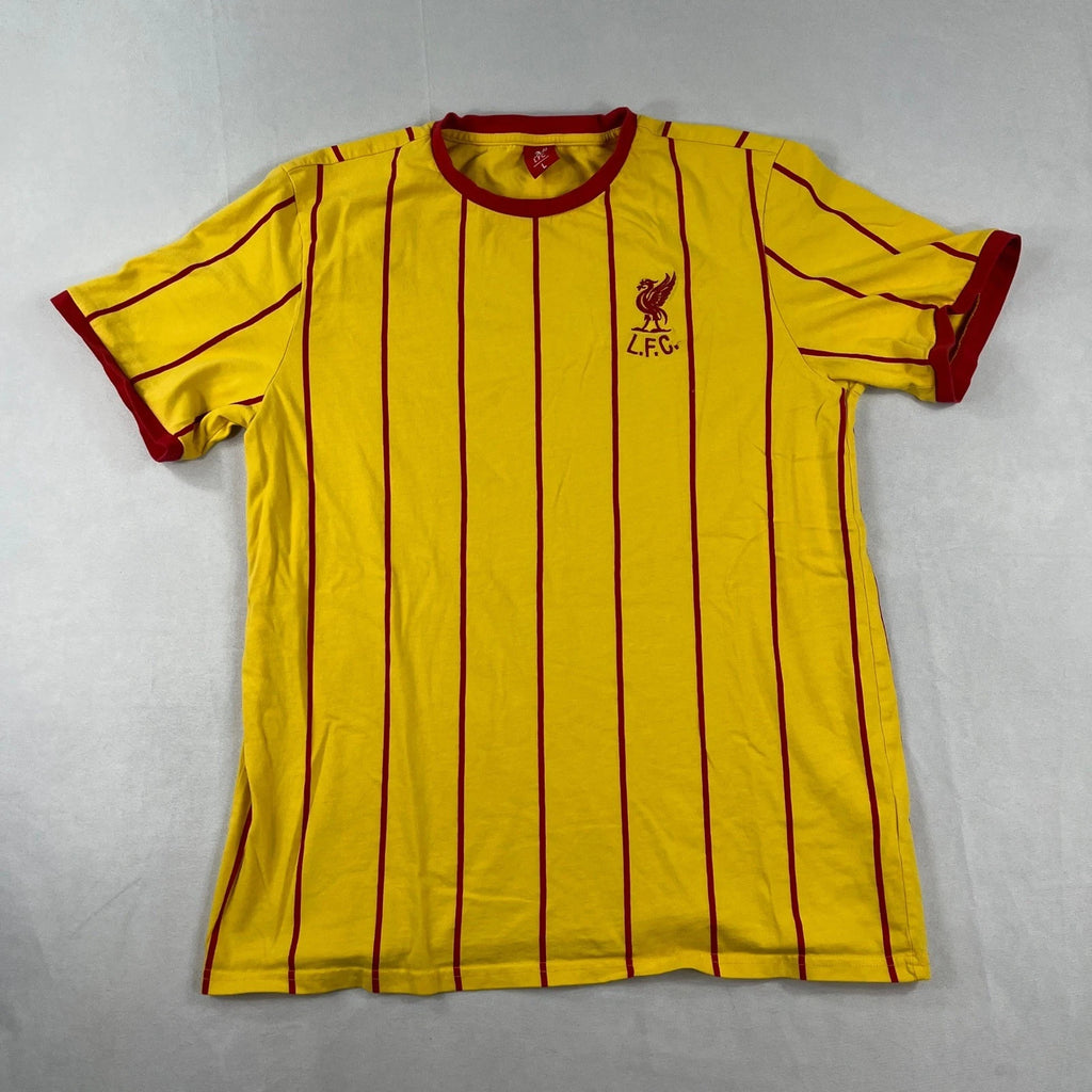 Liverpool FC T-Shirt Yellow Red Pinstripe Ringer Liverbird Crest Mens Large