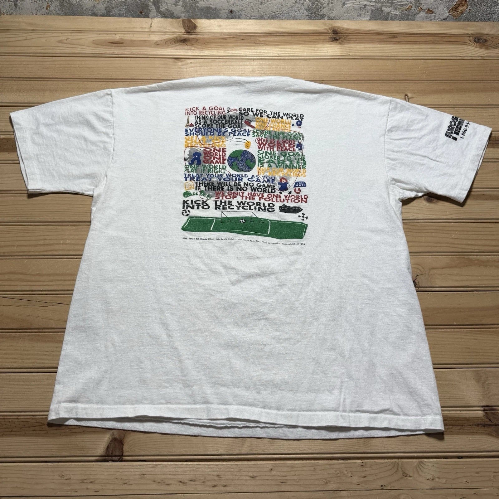 Vintage 90s Kids Who Care Soccer Kick The World Into Recycling Shirt Size XL