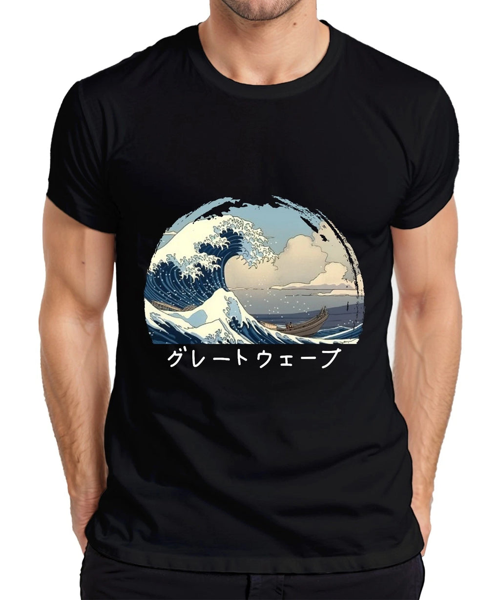 グレートウェーブ Hokusai Wave Japanese Ukiyoe Sea Boat Anime Manga Men's T-Shirt