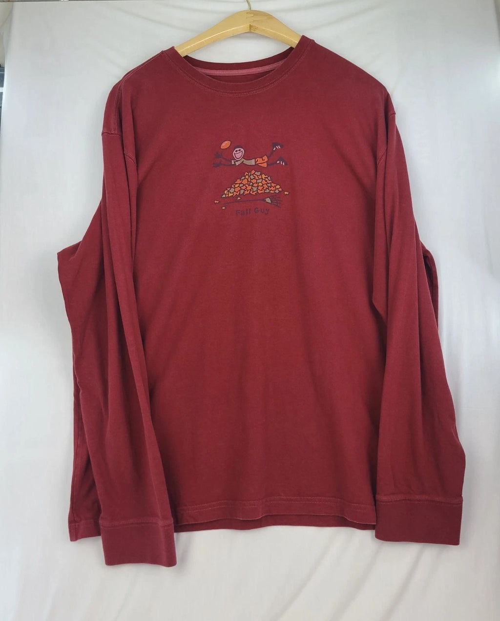 Life is Good Red Maroon Long Sleeve Fall Guy Leaves Football Men XL