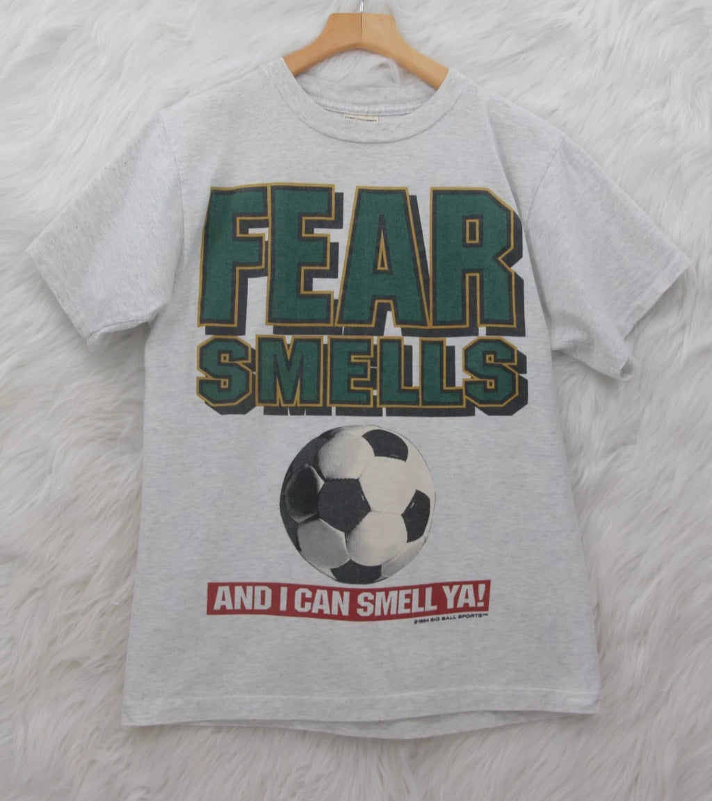 Vtg 94 Soccer is Life Big Ball Sports Double Sided 90s Tee Shirt M Fear Smells