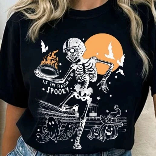 Spooky Skeleton Football Graphic T-Shirt- Small
