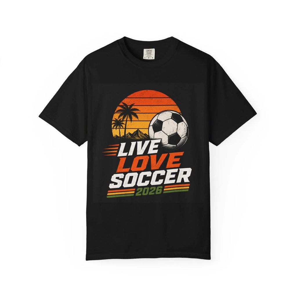 Live Love Soccer 2026 T-shirt | Retro Sunset Palm Soccer Ball