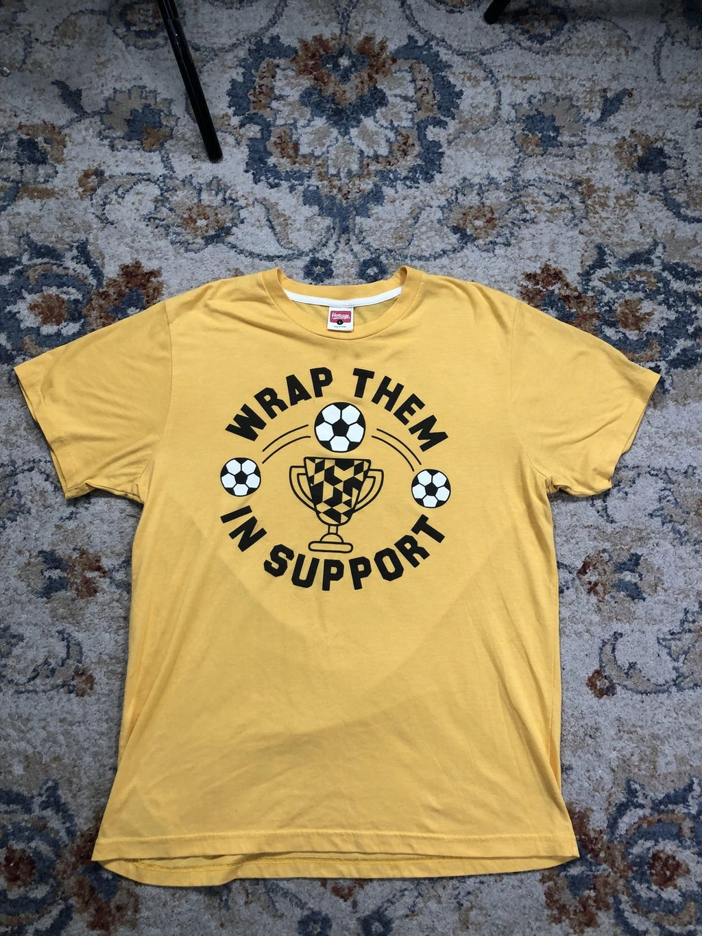Homage Wrap Them In Support Shirt Mens Large Yellow Soccer Trophy Graphic Tee