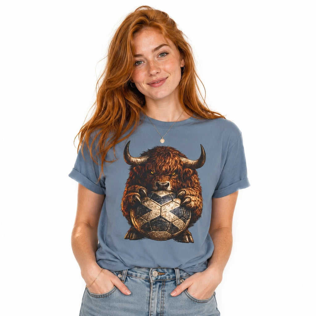 Scotland Highland Bull Soccer Ball T-Shirt Scottish Flag Football Fan Tee
