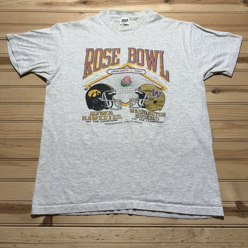VTG 1991 Washington Huskies Iowa Hawkeyes Rose Bowl Shirt BVD Sz Large STAINED