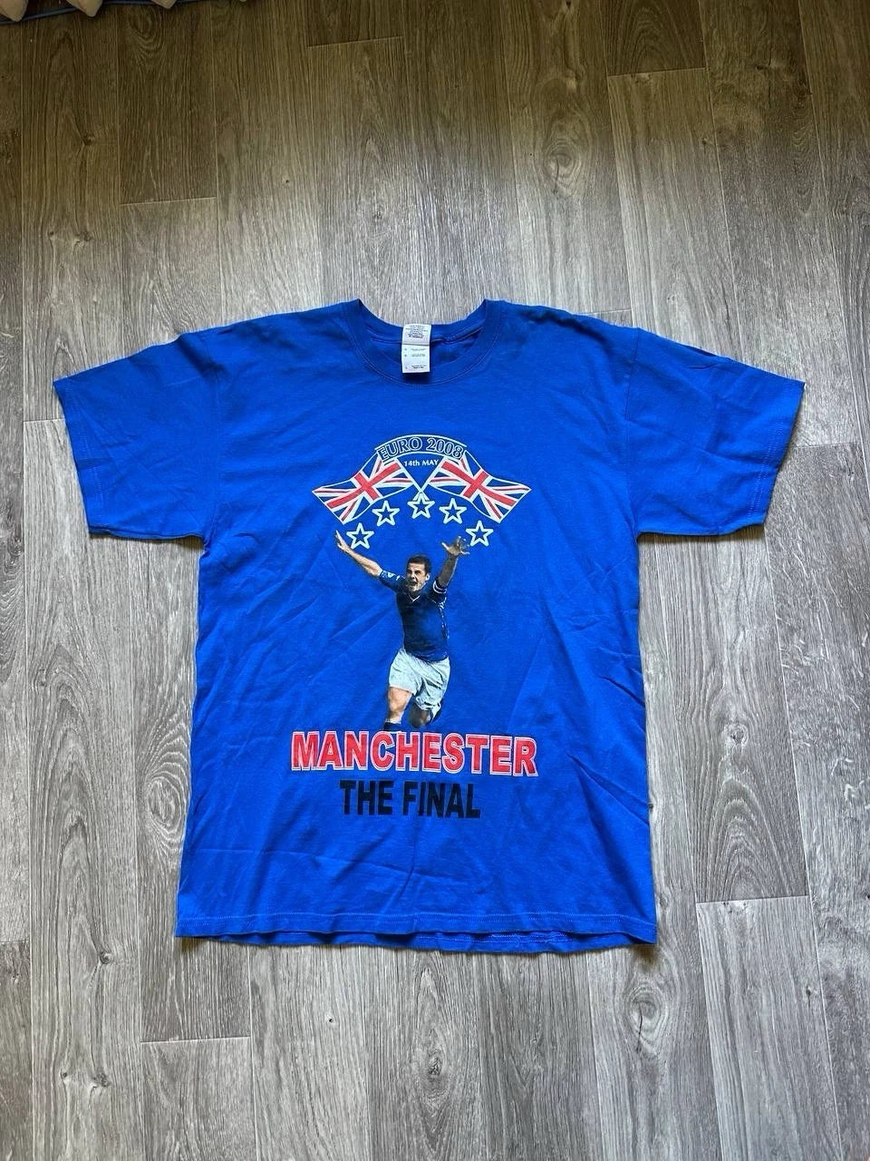 Vintage 2008 Manchester The Final Bootleg Soccer Tee Euro Misprint Gildan Blue L