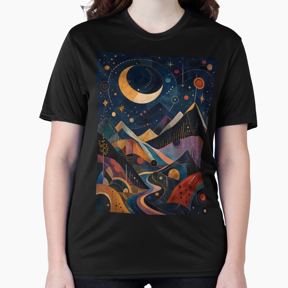 Celestial Mountain Landscape – Golden Crescent Moon and Starry Night by GutyzDesignsES