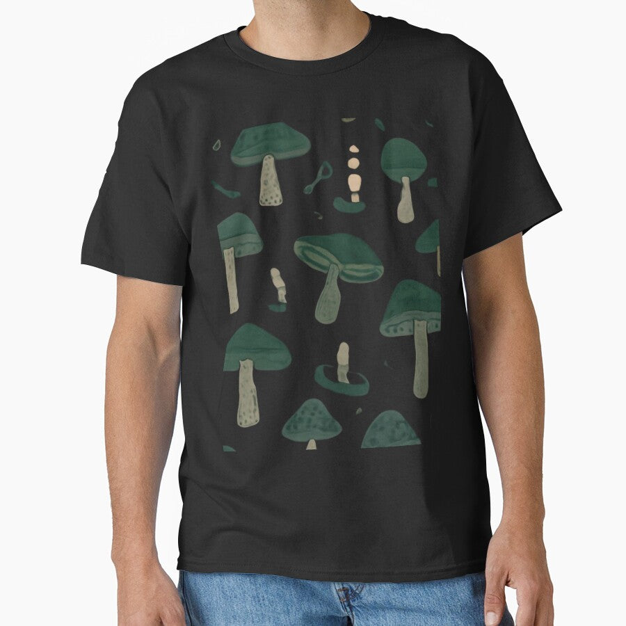 Dark Green Mushroom And Moth Pattern by bvdesignart