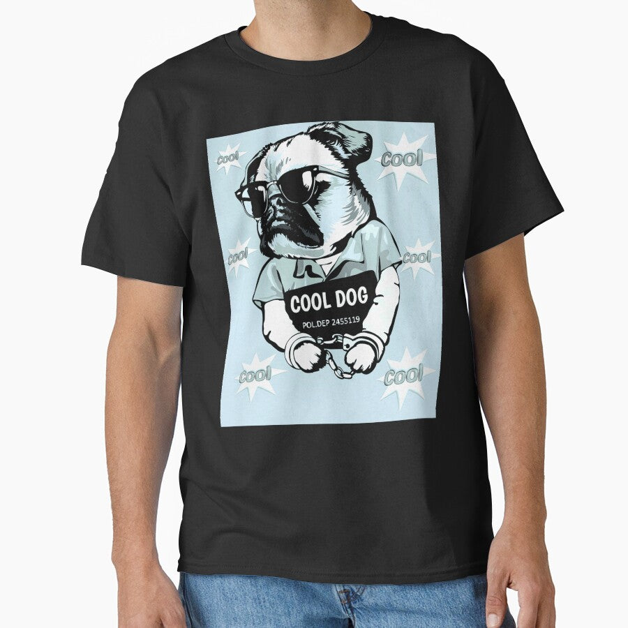 Cool Dog Pug Mugshot Funny Bad Boy Glasses Shirt by MariaPCMaria