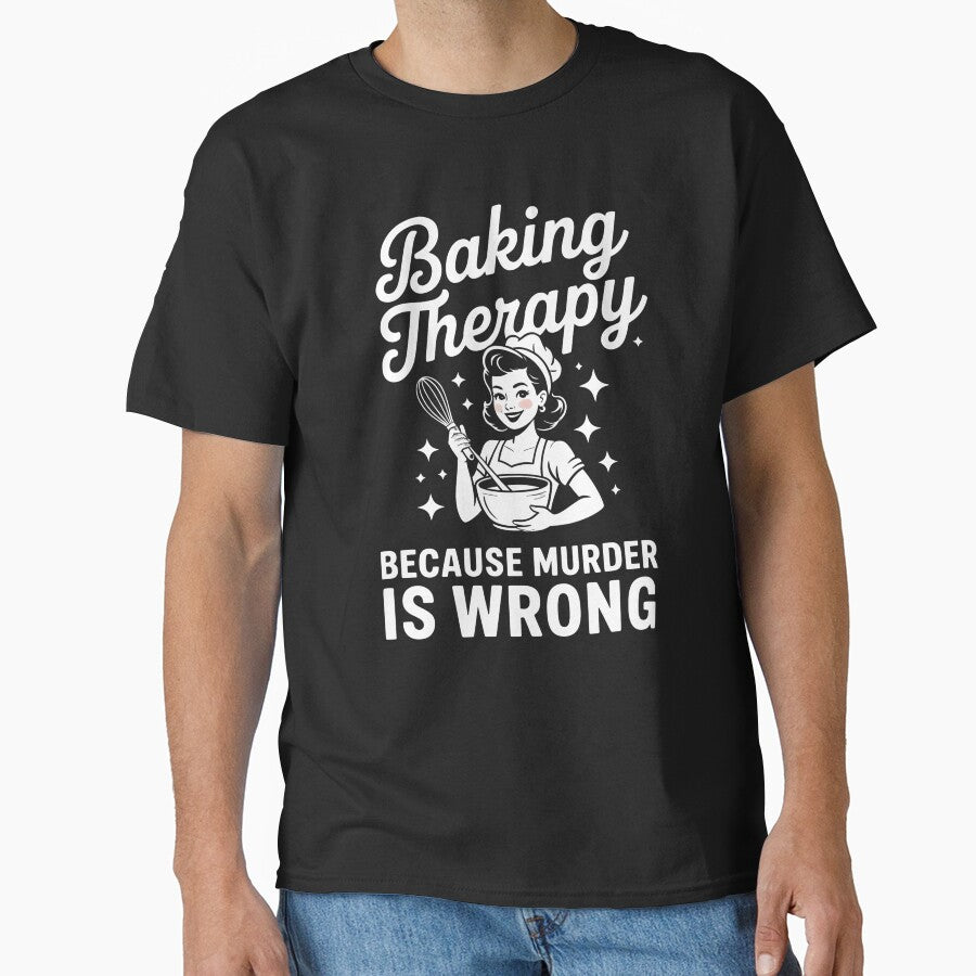 Baking Therapy Because Murder Is Wrong Minimalist White Line Art Retro Woman Design for Dark Apparel by NADIASHOP86