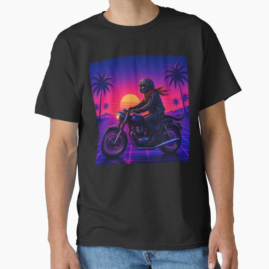 Synthwave Cat Rider – Retro Motorcycle Artwork by Dogandesighn