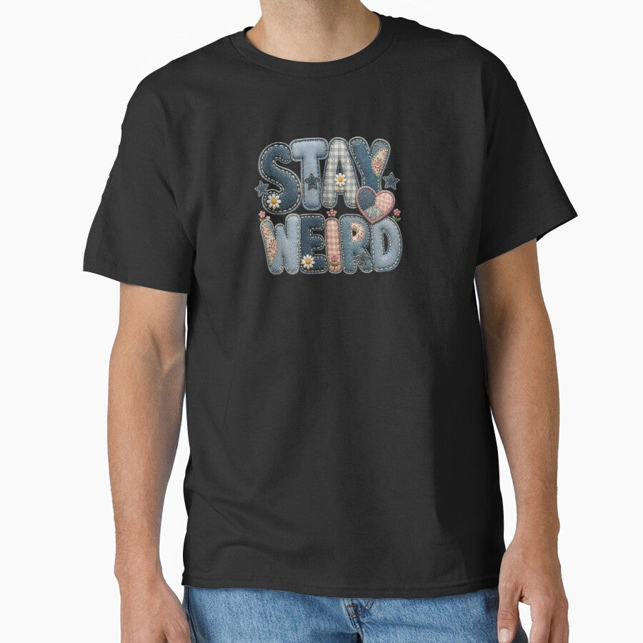 Stay Weird Patchwork Denim Retro Typography by DonnaByPT