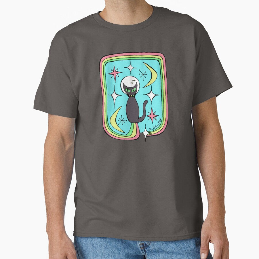 Mid Century Modern Atomic Style Black Cat Outer Space Rainbow Original Art Illustration by Intergalactic Unicorn: Art by Anna Schmidt