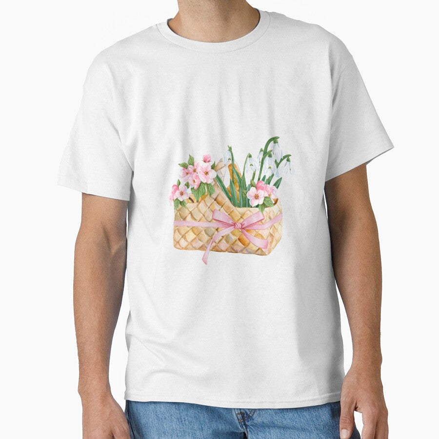Cherry flowers and snowdrop flowers bouquet in a Wicker Picnic Basket : watercolor Spring illustration by HappyNoireArt