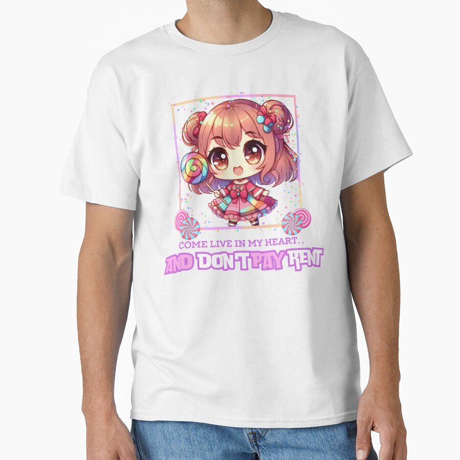 come live in my heart, and dont play rent - Super Kawaii Chibi Girl with Funny Quote by LWOI