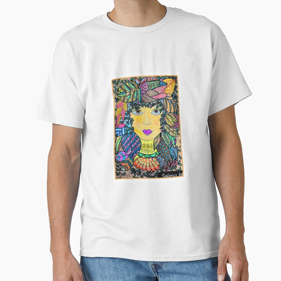 Whimsical Nature Goddess – Colorful Folk Art Portrait with Patterned Leaves by Selena.m.studio