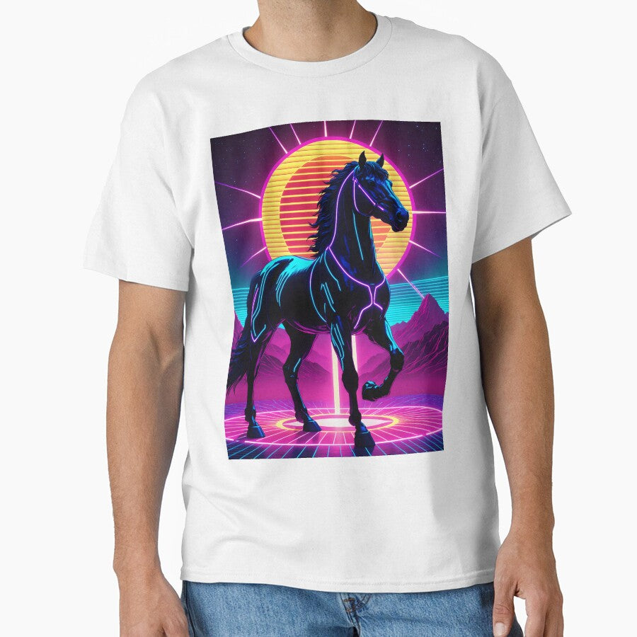 80s Retro Synthwave Neon Fire Horse Sunset by AuraPremiumArt