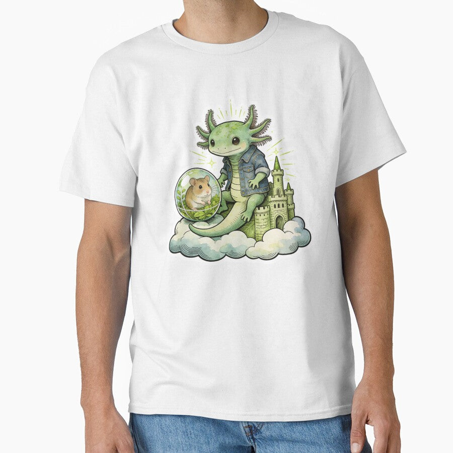 Whimsical Axolotl King of the Clouds Art | Cute Amphibian in Denim Jacket & Hamster Castle Watercolor Aesthetic by Cherrydora