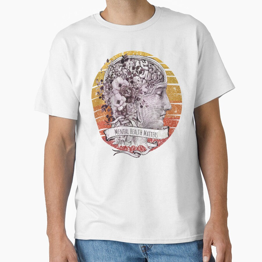 Brain anatomy floral mental health, brain psychology, sunset Vintage style, mental health matters by Collagedream