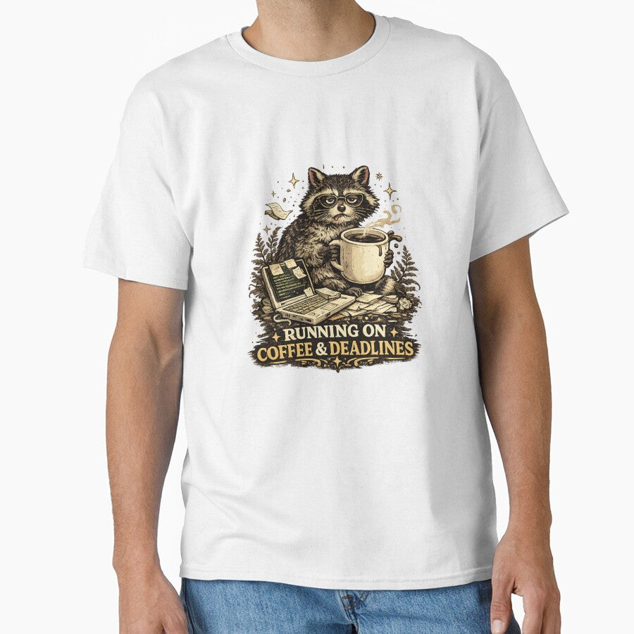 Running On Coffee And Deadlines Raccoon T-Shirt by NeonVoid Studio