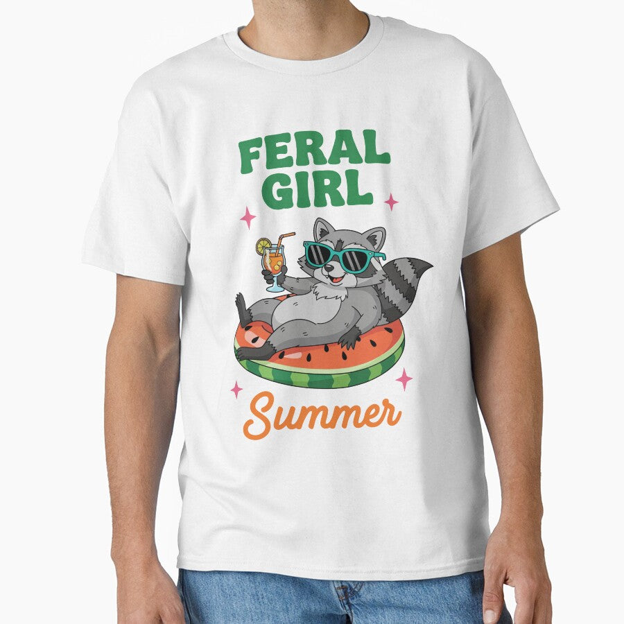 Feral Girl Summer – Raccoon on Watermelon Float Cartoon Design by NancyEstrada