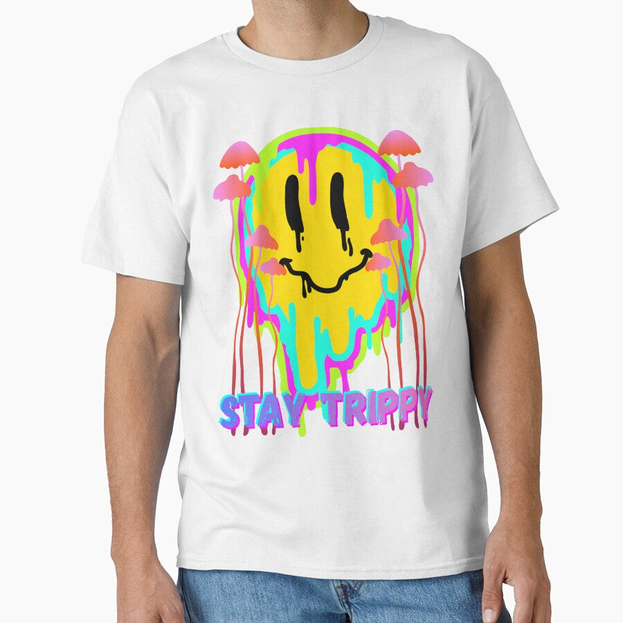 Stay Trippy Psychedelic Smiley Face – Neon Drip Mushroom Art by Painted Moon by Luna Bee™