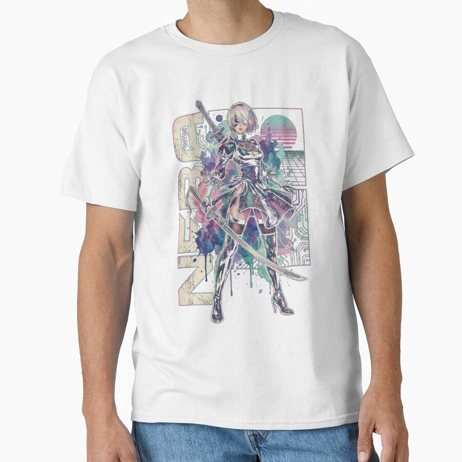 2B YoRHa NieR Vaporwave Retro 80s Pink Teal Portrait by Senpaiwaves