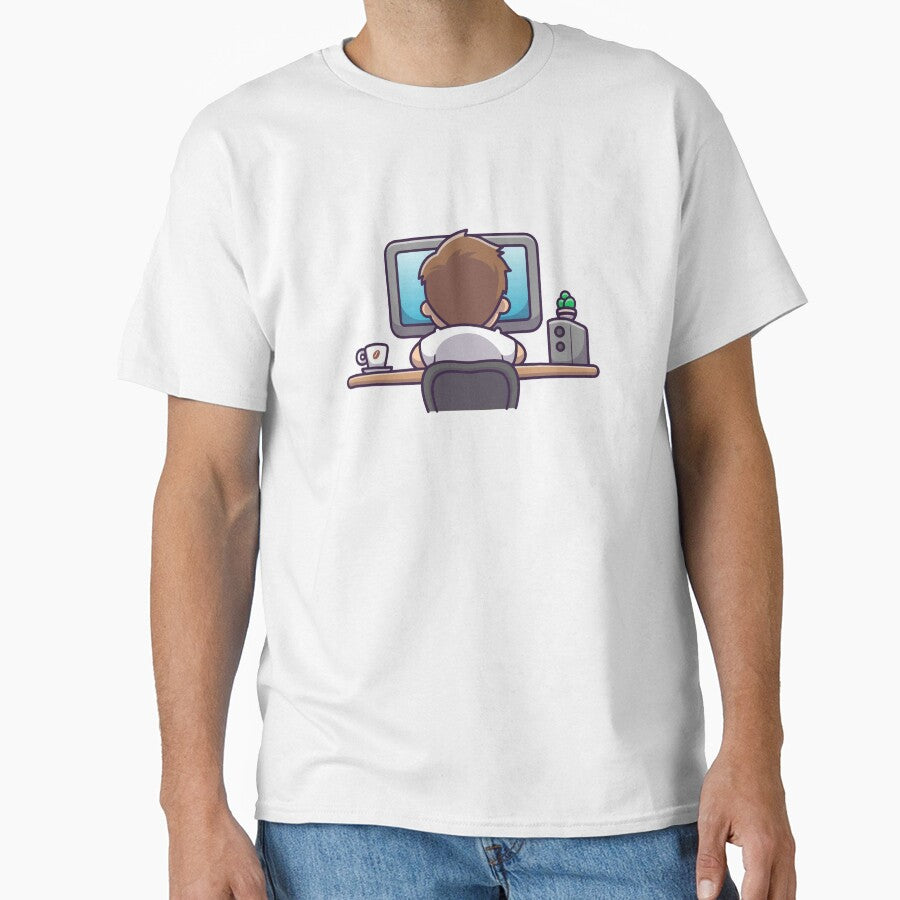 Gamer Boy Working at Desk with Coffee and Computer by shalbmv