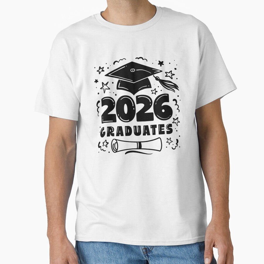 Graduates 2026, school sticker, print, congrats, black and white t-shirt print by NatalkaP