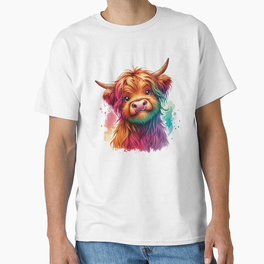 Cute Scottish Baby Highland Cow Calf Colorful Watercolor by MaedK