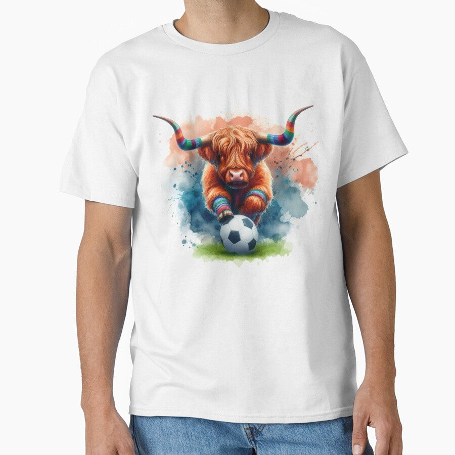 Scottish Tartan Army Highland Cow Playing Soccer Football Colorful Watercolor by MaedK