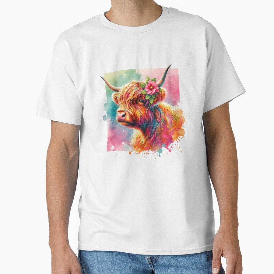 Pretty Scottish Highland Cow with Flower Colorful Watercolor by MaedK