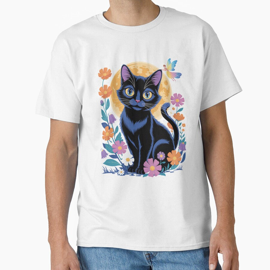 Kitten Moon Wildflowers Tee Fairycore Whimsical Floral Cat by MyzoToyota