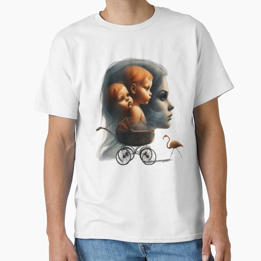 Vintage Twin Babies and Flamingo Motherhood Surreal Art by LujziWorld