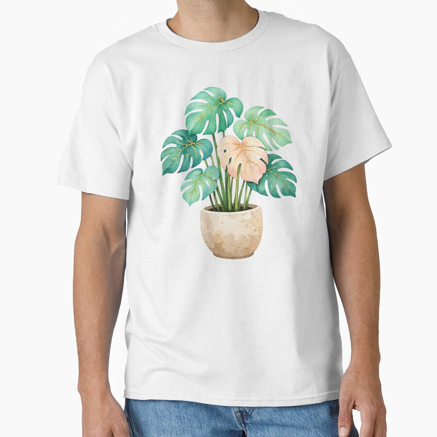 Golden Monstera Plant Watercolor Teal and Pink Tropical Leaves in Stone Pot by Owcomm