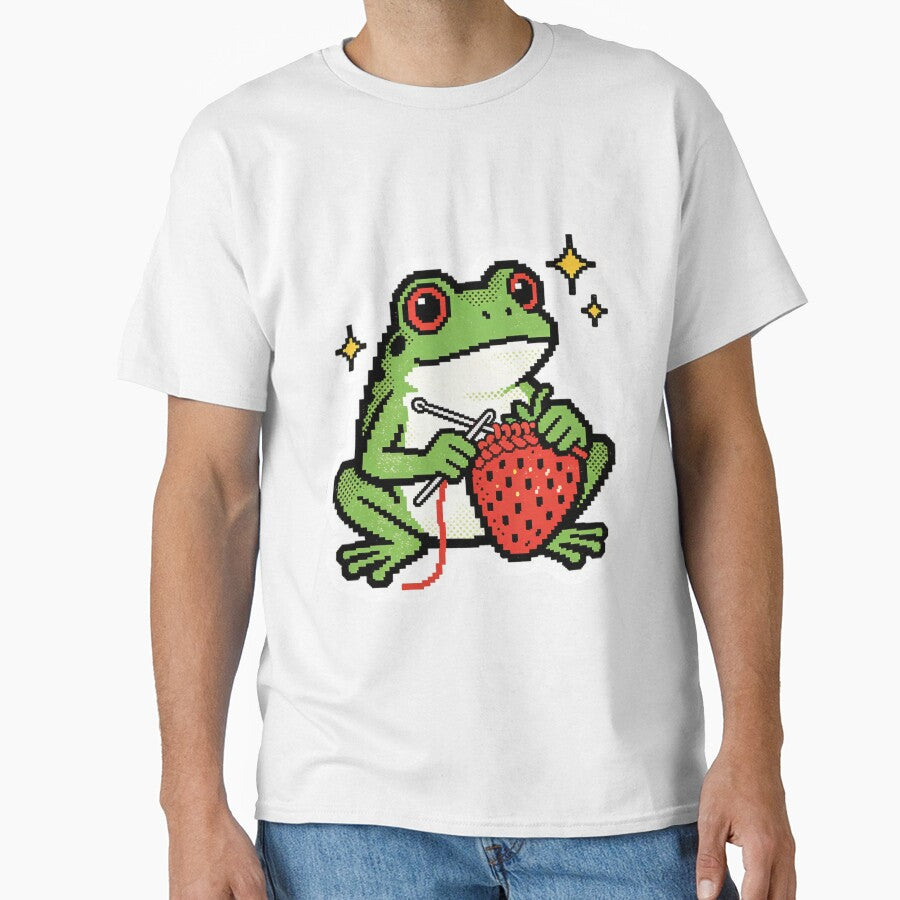 Whimsical Pixel Art Frog Knitting a Strawberry - Retro 8-bit Gamer Craft Vibe by Cherrydora