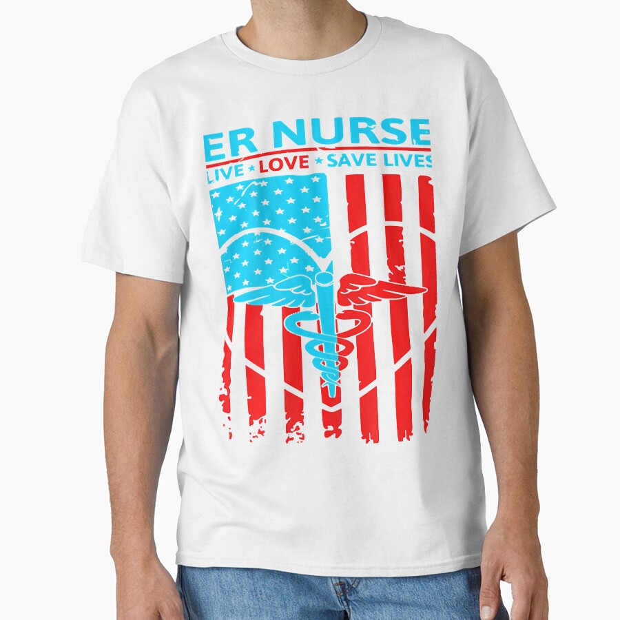 ER Nurse Distressed American Flag Short Sleeve by Jennife3043113