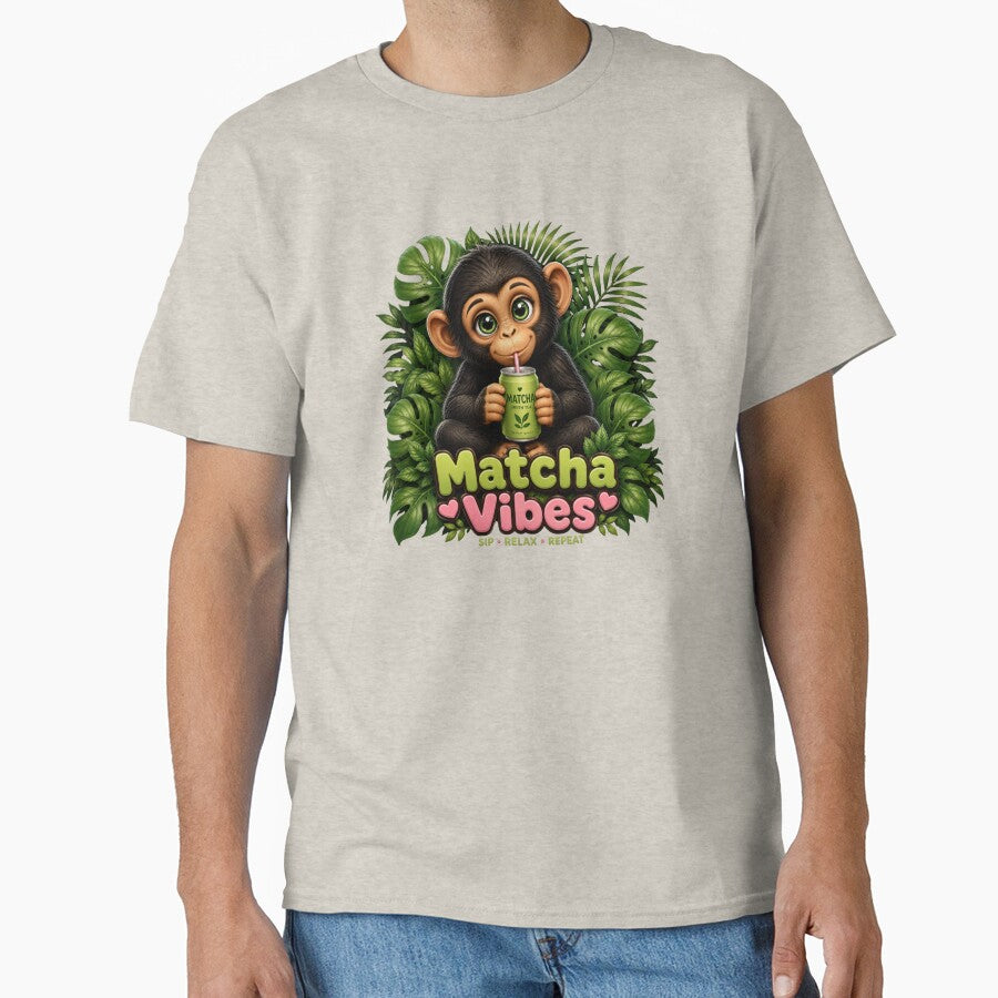 Cute Chimp Matcha Vibes Kawaii Jungle Tea Lover T-Shirt by Aimetoi