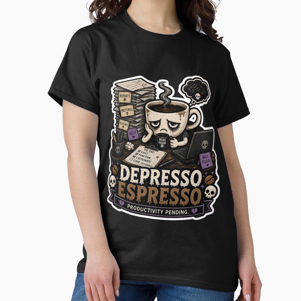 Depresso Espresso Goth Coffee Cartoon Sticker | Productivity Pending by Snackwave Ninety